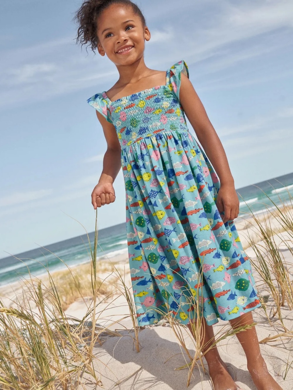 Mini Boden 5-6 Years Shirred Jersey Midi Dress Mint Aqua Blue Fishes Resort